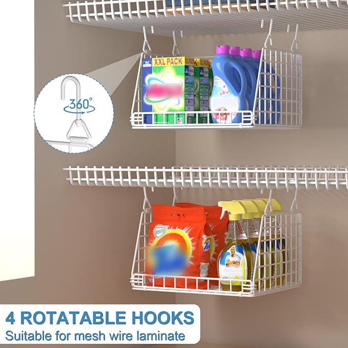 3-Pack Laundry Room Organization and Storage, Hanging Wire Basket for Laundry with 360°Rotating Hooks, Over Washer and Dryer Shelves, Laundry Organizers and Storage Basket, white