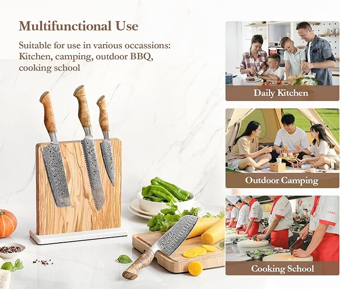HEZHEN Double-sided Magnetic Knife Holder without Knives, Olive Wood Knife Block for Kitchen Counter, Space-saving Knife Storage, Strong Enhanced Magnets Strip, Non-slip Marble Base