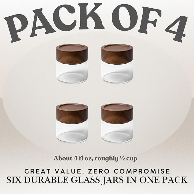 Wide Mouth Glass Storage Jars With 2.5" Acacia Wood Lids - 4 Pack of 4 Oz Food Storage Containers - Borosilicate Glass Canisters Sets For Kitchen - Pantry Organizers and Storage for Rice Coffee Beans