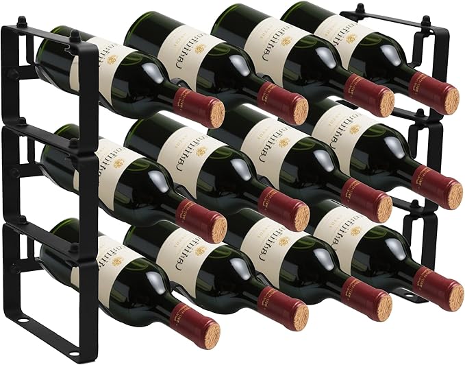 Black Wine Rack for 12 Bottles – Stackable & Expandable Metal Wine Bottle Holder for Bar Counter, Cabinet, Pantry, or Small Spaces – Modern Freestanding Wine Storage Shelf (3 Tier, Black)