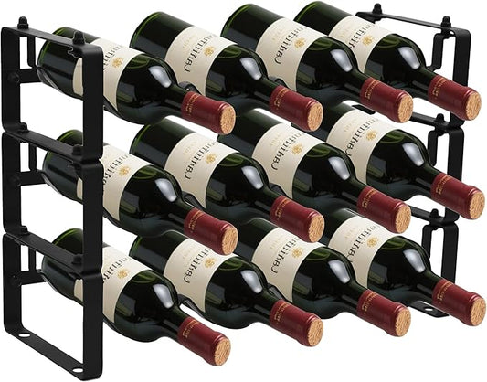 Black Wine Rack for 12 Bottles – Stackable & Expandable Metal Wine Bottle Holder for Bar Counter, Cabinet, Pantry, or Small Spaces – Modern Freestanding Wine Storage Shelf (3 Tier, Black)