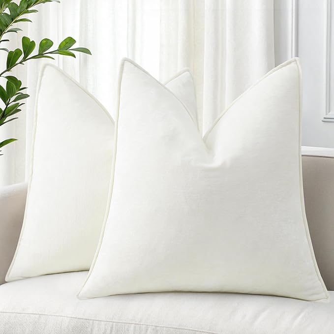 decorUhome Spring Couch Euro Sham Throw Pillow Covers 24x24 Set of 2, Decorative Soft Velvet Modern Cozy Chenille Pillow Cases with Elegant Design for Sofa Bed Living Room Home Decor, Cream White