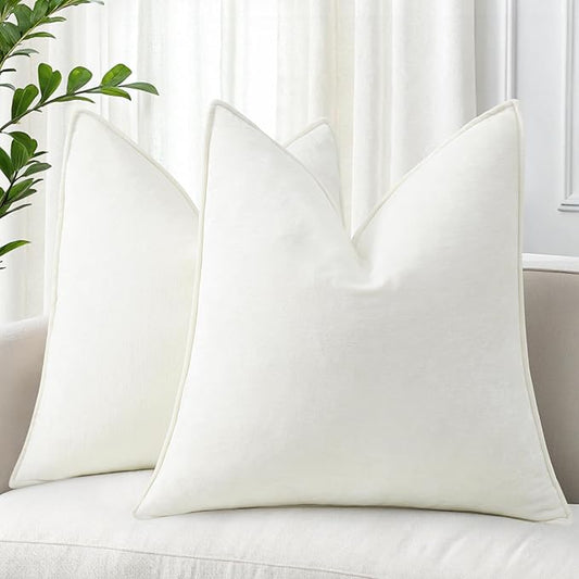 decorUhome Spring Couch Euro Sham Throw Pillow Covers 24x24 Set of 2, Decorative Soft Velvet Modern Cozy Chenille Pillow Cases with Elegant Design for Sofa Bed Living Room Home Decor, Cream White