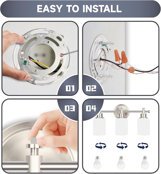 3-Light Bathroom Vanity Light Fixtures, Brushed Nickel Compact Wall Sconce with White Glass Shade for Mirror, Bathroom, Living Room, Modern Style, E26 Base, 15.75 Inch