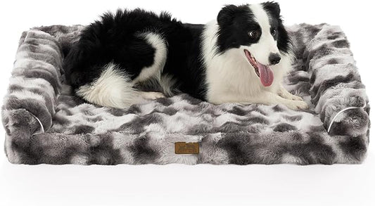 Faux Fur Orthopedic Dog Bed, Large Dog Bed, Supportive Foam Pet Sofa with Waterproof Lining Cover, Washable U-Shaped Pet Couch with Anti-Slip Bottom Design, Tie-dye Grey XL 42x30x7 inch