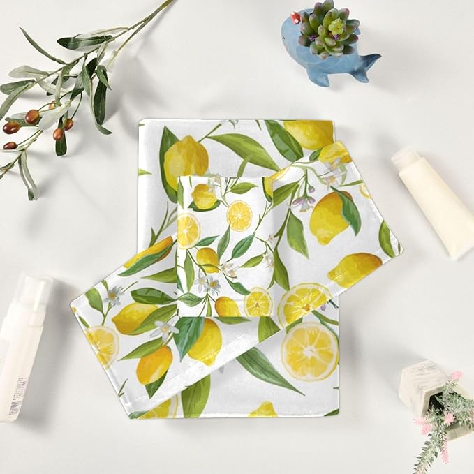 3 Piece Yellow Lemon Bath Towel Set,Microfiber Decorative Tropical Lemon Fruit Floral Green Leaf Farmhouse Bathroom Towels,1 Bath Towel 1 Hand Towel for Bathroom Kitchen,1 Washcloth for Face