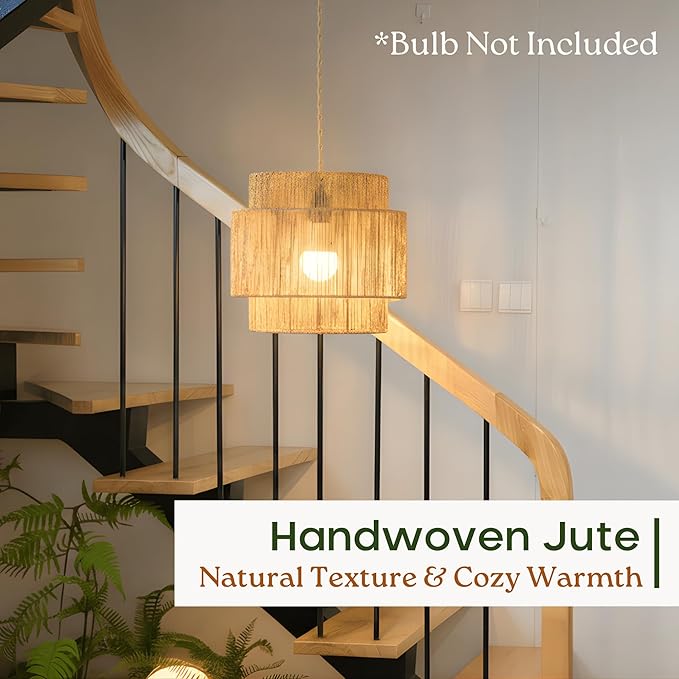 11.8" Boho Jute Plug in Pendant Light, Handwoven Natural Hanging Lamp Plug in with Dimmable Light Switch, Wicker Hanging Light Fixture for Bedroom Living Room Kitchen (No Bulb Included)