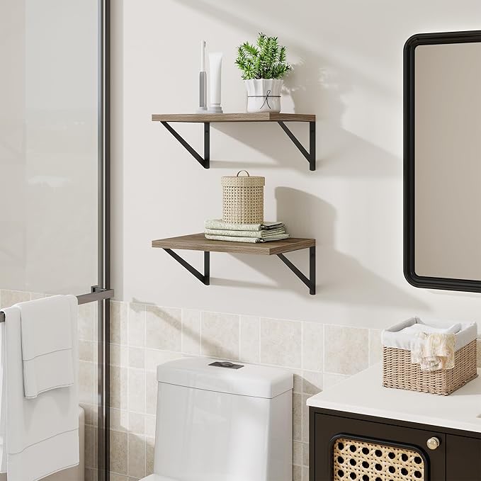 Deep Floating Shelves,16" Wx10 D Floating Shelves for Wall Set of 2,Heavy Duty Wood Floating Shelf with Metal Bracket,Wall Mounted Hanging Shelf for Living Room Bedroom Bathroom Kitchen,Grey