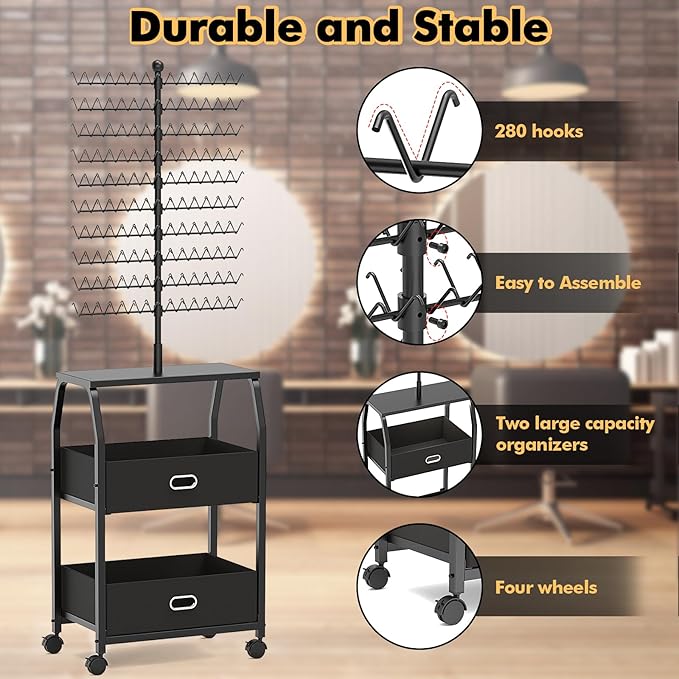 Portable Braiding Hair Rack with Wheels & Storage Drawers,280 Pegs Hair Extension Holder Hanger for Braiding Hair Separator Stand Display,Hair Rack with Stylist Hair braiding Tools(Black)