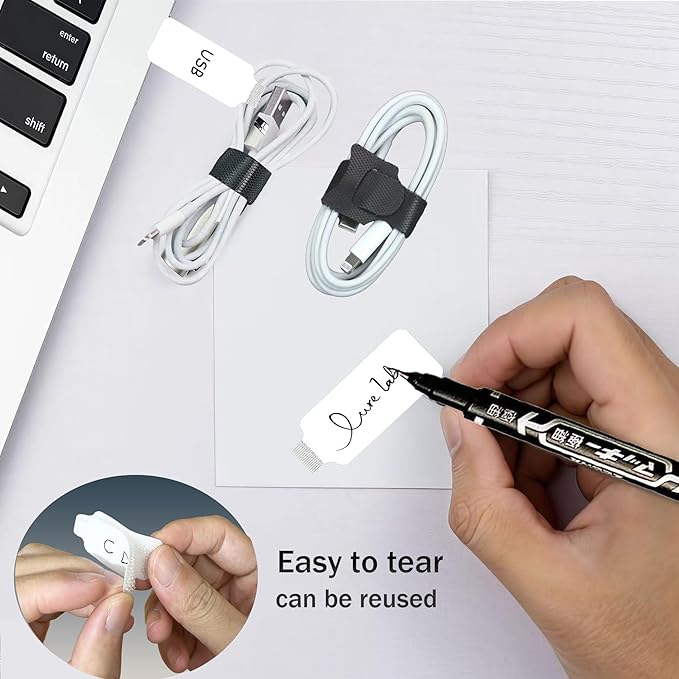 48 Pcs Cable Labels with Black Marker & Reusable Hook and Loop Ties - 24 Pcs Write-On Wire Labels + 24 Pcs Cable Ties for Electronics, Computer, Home and Office Cord Organization and Identification