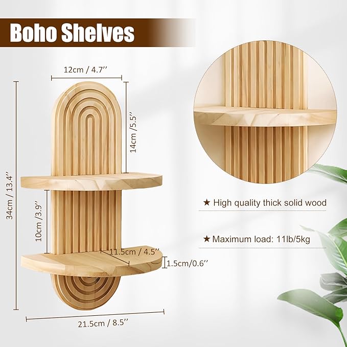 Artilady 2 Pack Boho Wall Hanging Shelf - Handmade 2 Tier Rainbow Arch Solid Wood Floating Shelves Wall Decor Small Trinket Storage Rack for Bedroom Living Room Nursery Bathroom