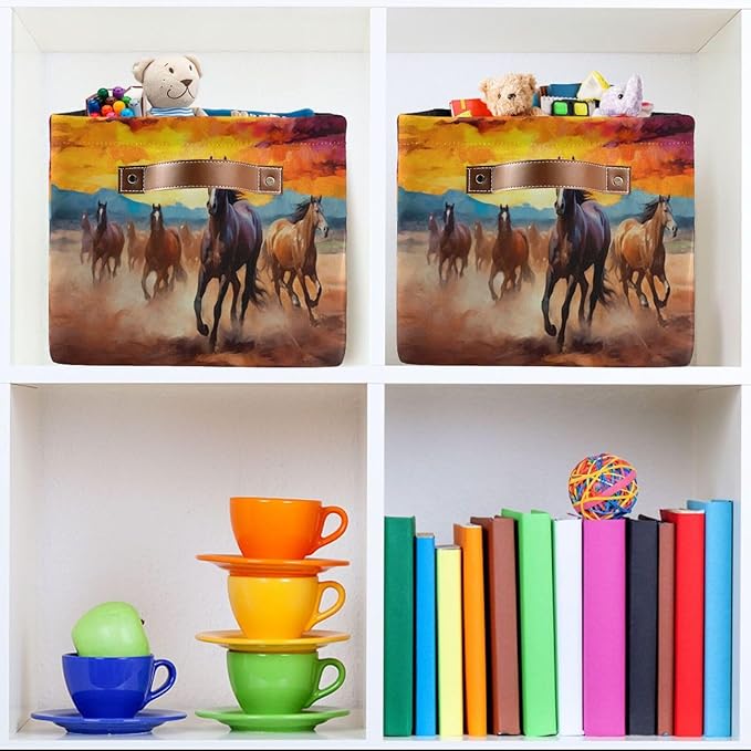 Storage Basket Horse Rectangular Collapsible Canvas Shelves Storage Bins with Leather Handles for Shelves Home Closet Bedroom Living Room, 1Pack