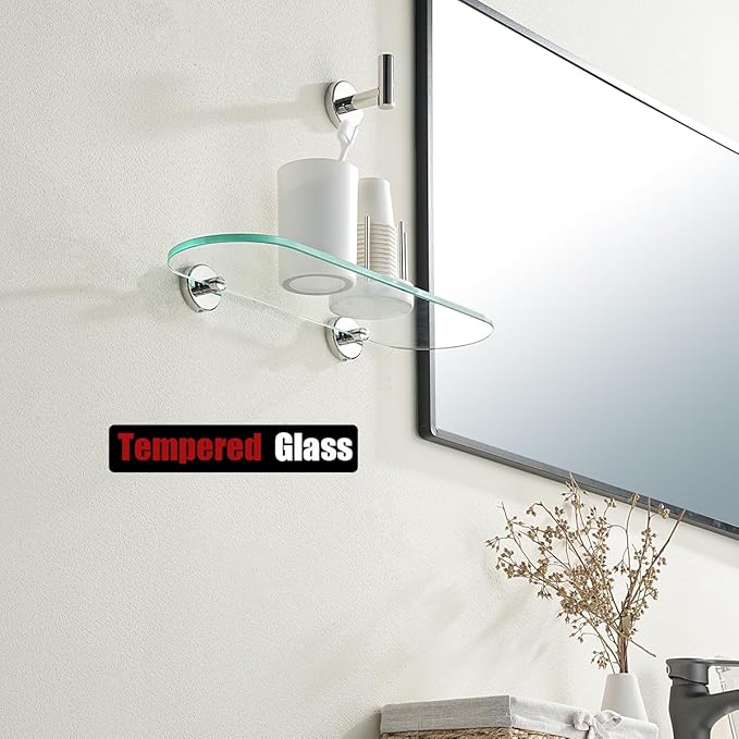 JQK Bathroom Glass Shelf, Floating Tempered Glass Shower Storage 16 by 5 inches, 304 Stainless Steel Polished Chrome Wall Mount 2 Pack, TGS121L16-CH-P2