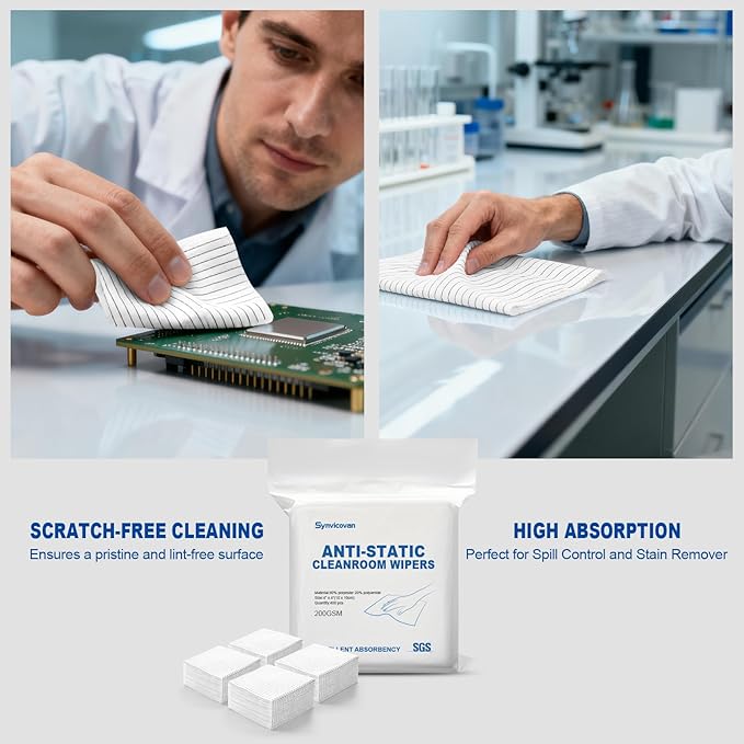 Anti-Static Microfiber Wipes 4"x4"(400 Pcs,Class 100, 200GSM) Lint Free Cloths Reusable Special ESD protection design is suitable for protecting sensitive electronic components and tools
