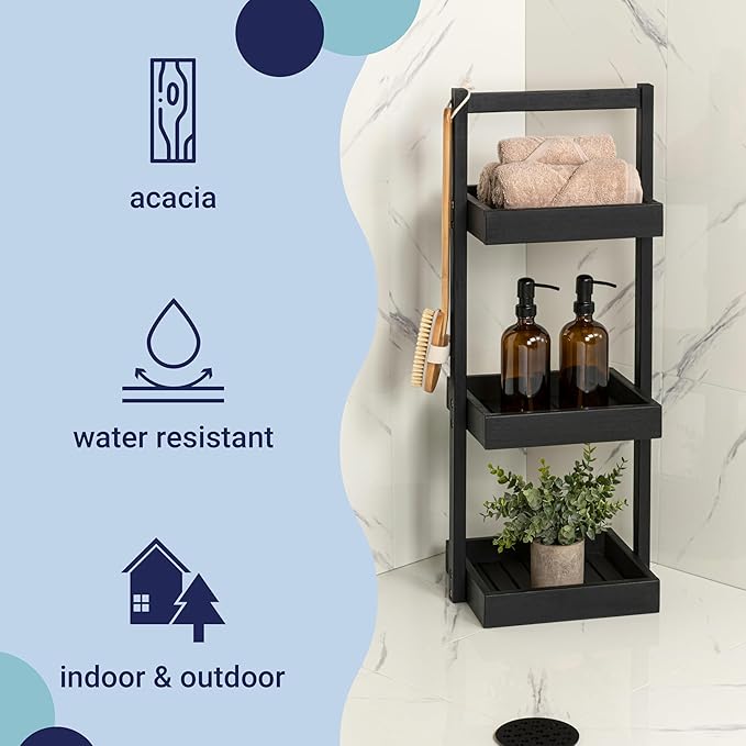 happimess SHF1001B Tilly 30" Classic Rustic 3-Tier Acacia Wood Freestanding Bathroom Shower Caddy with Handle, Rack for Bath, Office, Kitchen Desktop, Black