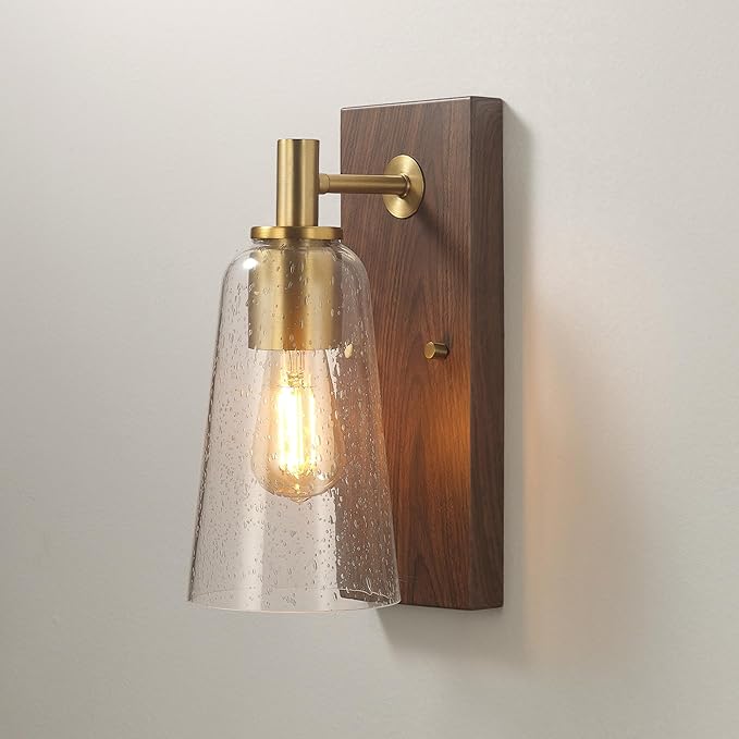 GLOBE Electric 65000051 1-Light Wall Sconce, Dark Wood Toned, Matte Brass Accents, Seeded Glass Shade, E26 Base Socket, Lights for Living Room, House Décor, Interior Lighting, Home Improvement