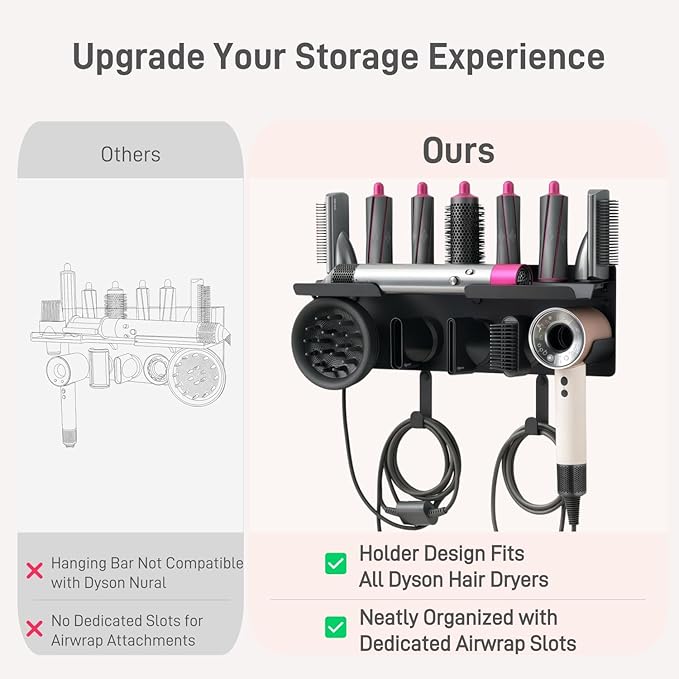 Dyson Airwrap Holder, Dyson Hair Dryer Wall Mount & Dyson Airwrap Organizer 2-in-1 Stainless Steel Storage for Airwrap & Hair Dryer Accessories, Space Saving Bathroom Vanity Dyson Shelf