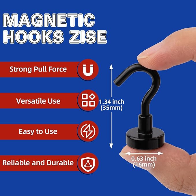 20 Pack Magnetic Hooks, 30lbs Magnet Hooks for Cruise Cabins, Black Strong Magnetic Hooks Heavy Duty, Magnets with Hooks, Metal Magnetic Hook for Hanging, Hook Magnets for Home Decor