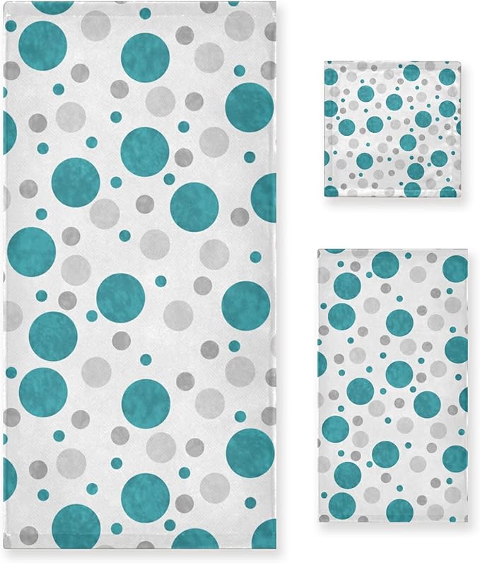 Bath Towels Set,Soft Absorbent Blue Aqua Teal Gray White Polka Dots Abstract Circles Classic Contemporary Design 3 Piece Luxury Bathroom Towels,1 Bath Towel,1 Hand Towel,1 Washcloth for Spa