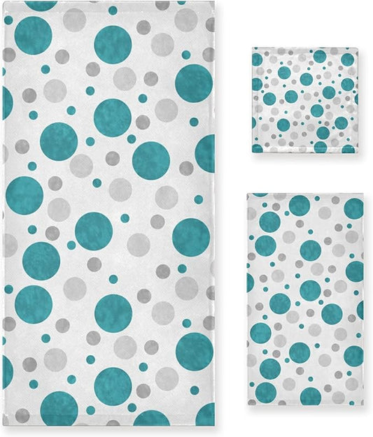 Bath Towels Set,Soft Absorbent Blue Aqua Teal Gray White Polka Dots Abstract Circles Classic Contemporary Design 3 Piece Luxury Bathroom Towels,1 Bath Towel,1 Hand Towel,1 Washcloth for Spa