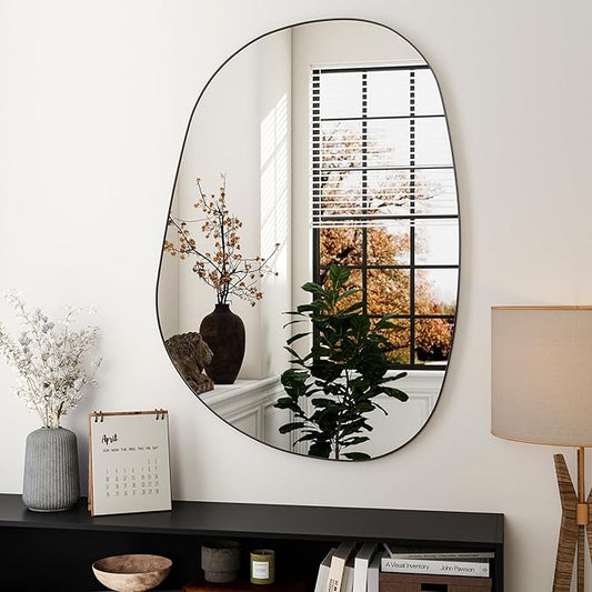 36"x24" Bathroom Mirror for Wall, Irregular Bathroom Mirrors for Over Sink, espejos decorativos de pared, Modern Metal Framed Vanity Mirror for Bedroom, Entryway, Bathroom, Living Room, Black