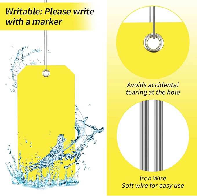 100 Large Yellow Plastic Shipping Tags - 3x6 inch, Heavy Duty, Waterproof, Writable, With String Attached