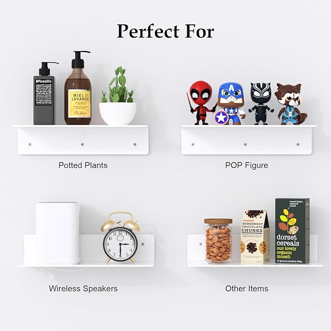 12" White Acrylic Floating Shelves, 4 Pack with Cable Clips, Small Floating Shelf for Expand Wall Display Space in Living Room, Bathroom, Gaming Room, Dorm Wall Decor