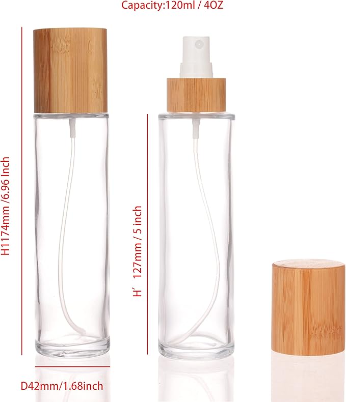 COSIDEA 12 pcs Empty 4oz /120ml bamboo lid clear glass spray bottle with fine mist despenser head for liquid perfume toiletries containers, toner bottles
