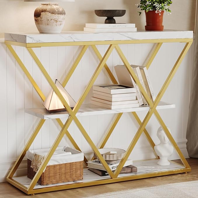 Garvee 3-Tier Entryway Table, Industrial Console Sofa Table with Storage, Accent Table with Open Shelves, X-Shaped Metal Frame, Foyer Table for Entryway, Hallway, White
