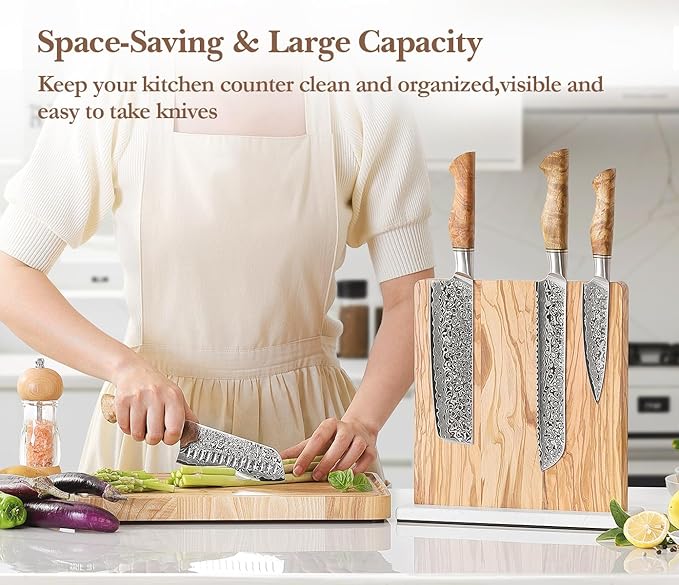HEZHEN Double-sided Magnetic Knife Holder without Knives, Olive Wood Knife Block for Kitchen Counter, Space-saving Knife Storage, Strong Enhanced Magnets Strip, Non-slip Marble Base