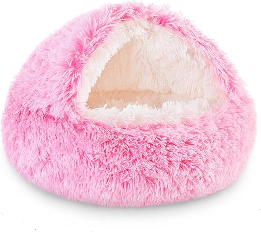 NOYAL Round Hooded Donut Dog Bed for Small & Medium Pets - Plush Fluffy Anti-Anxiety Cat Cave Bed with Cover