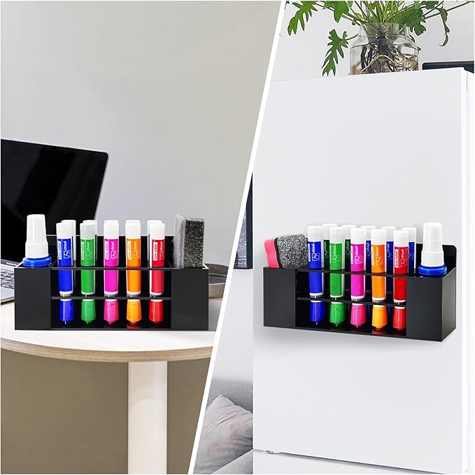Acrylic Magnetic Dry Erase Marker Holder, 10 Slots Black Magnetic Marker Pen Holder, Magnet Storage for Whiteboard Office, School, Home, Pen, Eraser, Cleaner Not Included, 2PCS