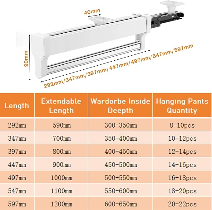 Pull Out Closet Valet Rod, Adjustable Sliding Heavy Duty Steel Top Mounted Clothes Storage Hanger Rail for Closet Wardrobe (397mm/15.6inch)