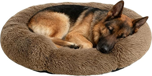 Fluffy Dog Bed Calming Donut Beds for Large Dogs Warming Round Small Medium Pet Nest Cozy Cat Mattress Indoor Washable Puppy Kennel Kittens Sleep Mat (L, 35.4×35.4 inch, Light Brown)