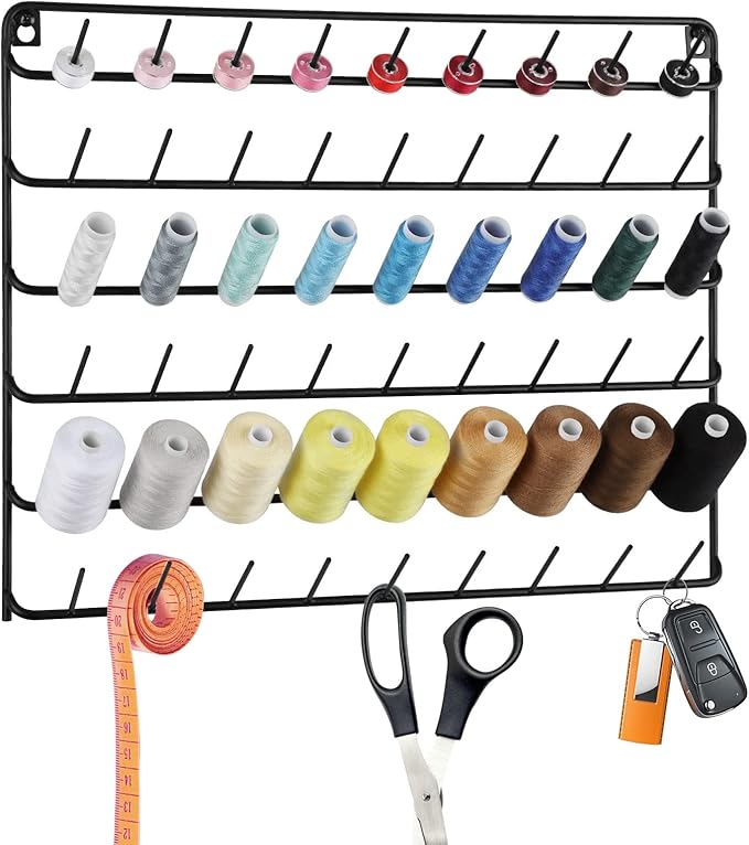 YBING Thread Holder Wall 54 Spools Sewing Thread Rack Wall Mount Embroidery Spool Organizer Metal Sewing Thread Organizer with Hanging Tools for Quilting Braiding Hair Black 4 Pack