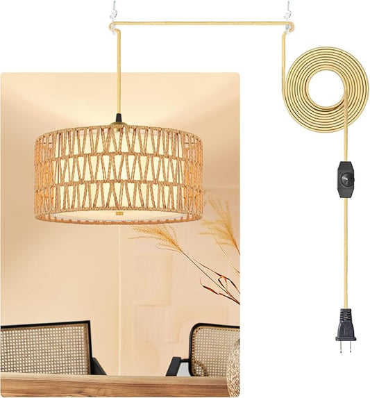 13'' Gold Plug in Pendant Light, Boho Dimmable Hanging Lamp with Rotary Dimmer Switch & 15ft Cord, Rattan & Fabric 2-in-1 Shade, Farmhouse Pendant Lights Kitchen Island Living Room Bedroom, ETL Listed