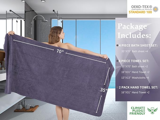 Extra Large Bath Sheet Set of 4,Ultra Soft Fluffy Towel,35”x 70”Oversized Bath Towel Set,Premium Microfiber Bathroom Towel Set Highly Absorbent Quick Dry Shower Towel for Bathroom,Hotel,Spa (Purple)