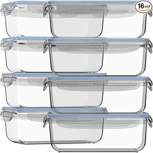 Razab 16 Pc (Set of 8) 30 Oz Glass Meal Prep Containers with Lids, Airtight Large Glass Food Storage Containers, Reusable Leak Proof BPA Free, Freezer to Oven and Dishwasher Safe
