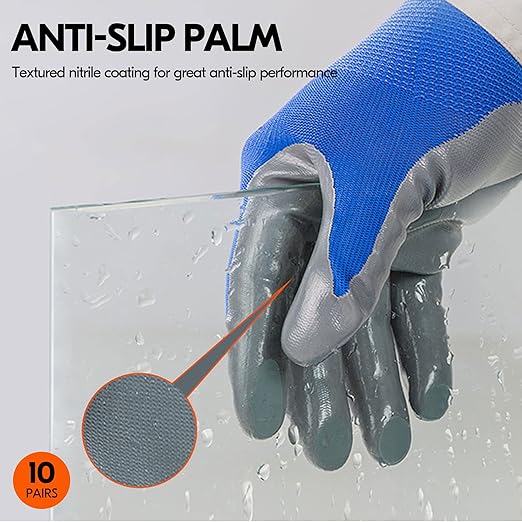 Vgo... 10-Pairs Safety Work Gloves, Gardening Gloves, Non-slip Nitrile coating, Dipping Gloves (Size M, Blue, NT2110)