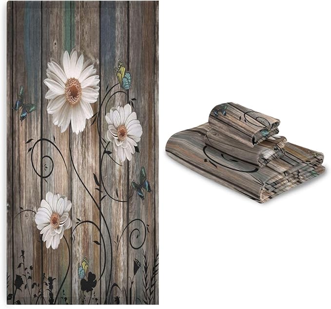 3 Piece Rustic Bath Towels Set,Microfiber Absorbent Beige Daisy Floral Butterfly Brown American Country Towels for Bathroom,1 Bath Towel,1 Hand Towel,1 Washcloth,Decorative Bathroom Towels