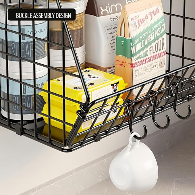 Wall Mounted Fruit Basket with Wood Lid, Hanging Kitchen Storage for Fruits, Vegetables, Potatoes, Onions | Heavy-Duty Carbon Steel & Solid Wood, Black, Space-Saving Countertop Organizer (L)