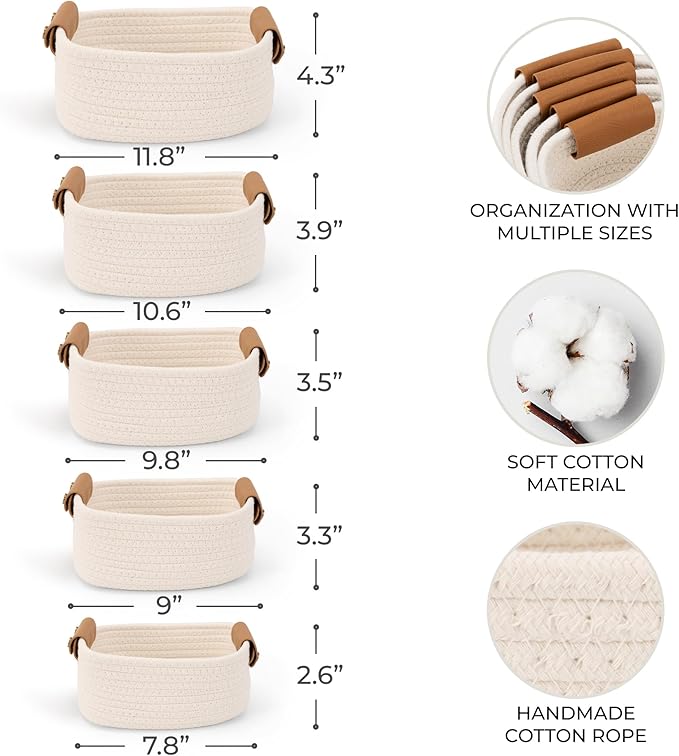 Storage Basket Set of 5 - Cotton Rope Organizer Bins for Home, Nursery & Bedroom