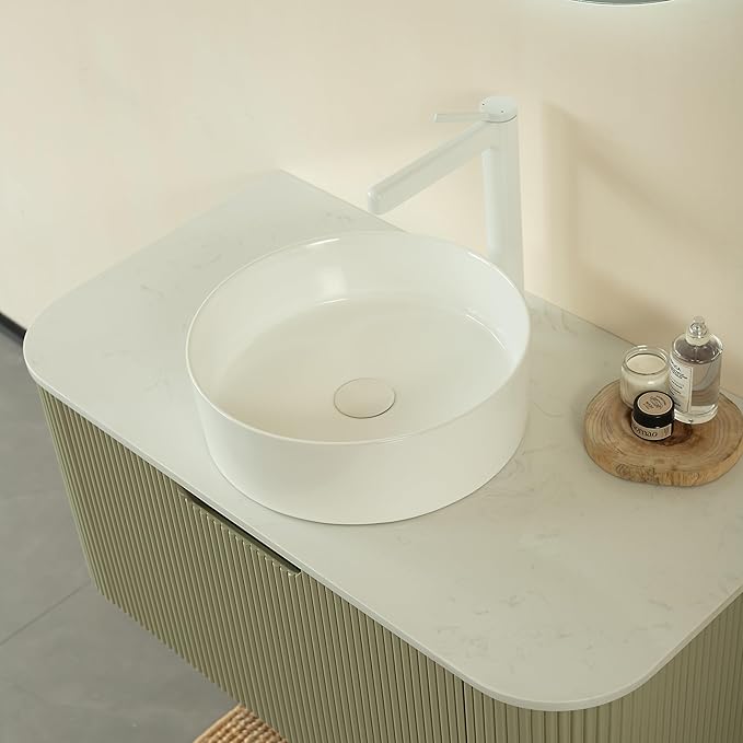 KEIKI 36" Bathroom Vanity Cabinet with Sink Combo, Wall Mounted Curved Edges Striped Floating Bathroom Vanity with Soft-Close Drawer, White Round Ceramic Basin Without Faucet, Light Green