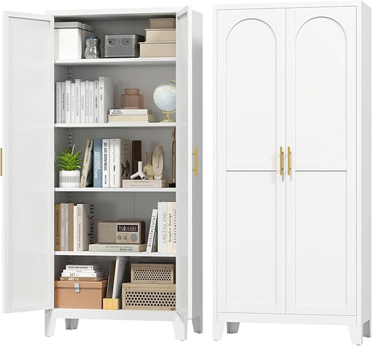 71'' Tall Metal Pantry Cabinet with 2 Doors, Freestanding Kitchen Storage Cabinet with 4 Adjustable Shelves, Steel Cupboard for Kitchen, Pantry, Dining Room, Living Room, Bathroom, White