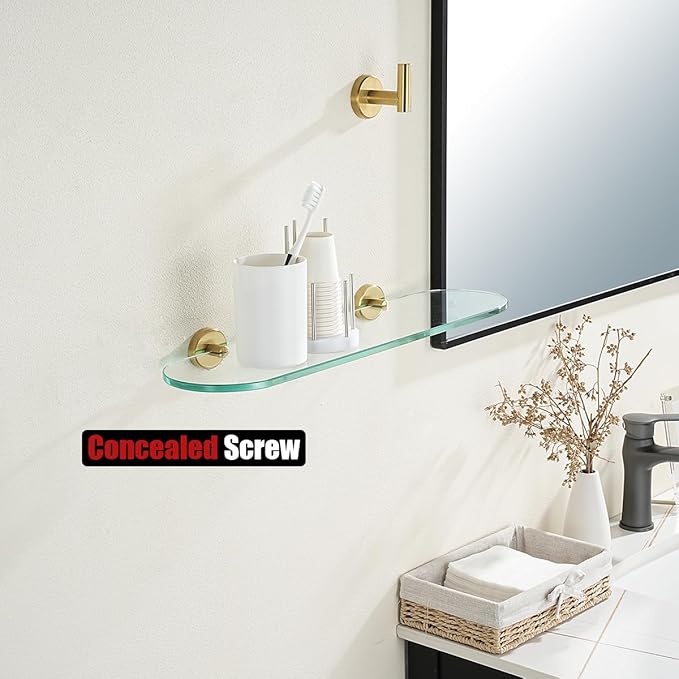 JQK Bathroom Glass Shelf, Floating Tempered Glass Shower Storage 20 by 5 inches, 304 Stainless Steel Brushed Gold Wall Mount 2 Pack 2 Pack, TGS121L20-BG-P2