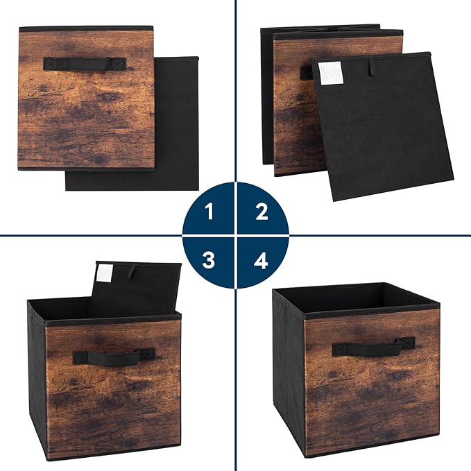 EWES 11 Inch Fabric Storage Cubes, 8 Pack Foldable Storage Bins with Handle, Storage Baskets Box for Shelves, Closet, Organizer, Rustic Brown and Black
