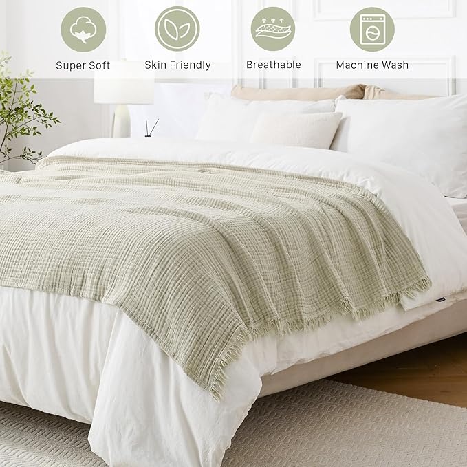 Muslin Blanket 100% Cotton Blanket Throw 50”x65”, Lightweight Breathable Summer Blanket Throw. Supersoft 4-Layer Gauze Throw Blanket for Sofa, Couch, Bed, All-Season Use, Oatmeal