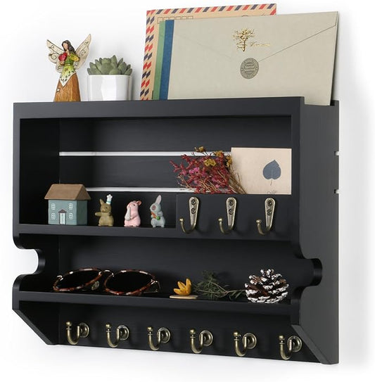 Handcrafted Solid Wood Key Holder for Wall - Artisan Hand-Sprayed Finish & Smooth Edges - Decorative Entryway Organizer, Rustic Wall Mount Key Holder for Home Decor, Sturdy, Black