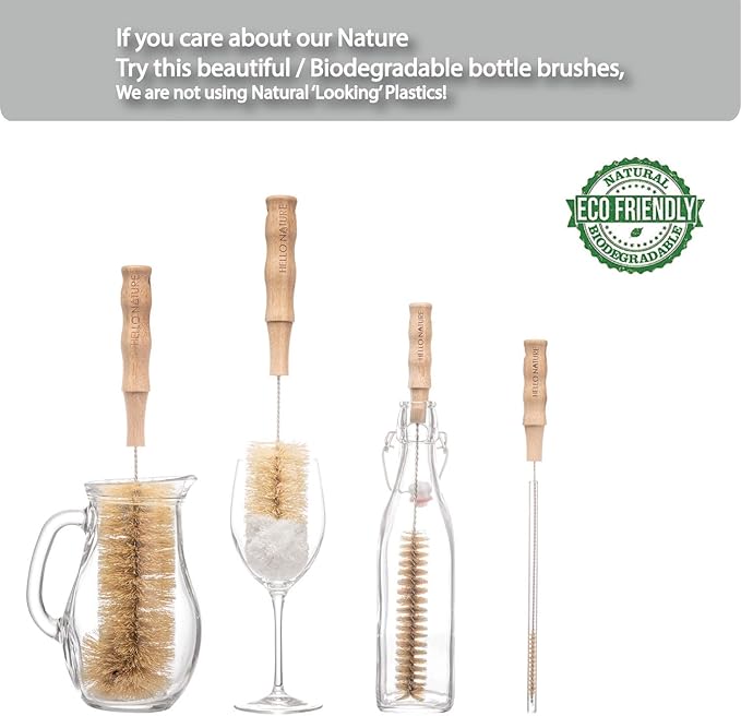 4 Pcs Bamboo Bottle Brush Set by HELLO NATURE – Long Handle Cleaning Brushes for Water Bottles, Baby Bottles & Glassware, Sustainable & Plastic-Free