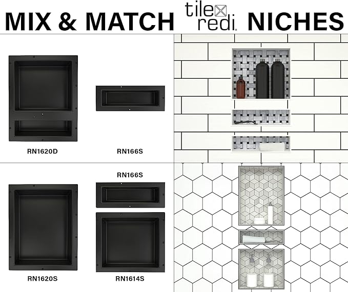 Tile Redi USA Niche Single Recessed Shower Shelf – Black, One Inner Shelf, 16-Inch Width x 6-Inch Height x 4-Inch Depth (RN166S-BI)